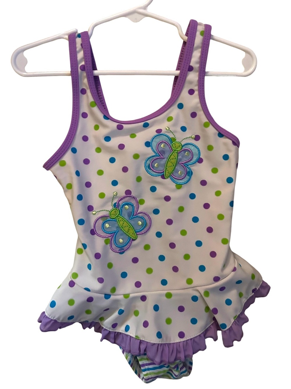 Girls Purple Trim Polka Dot Butterfly One-Piece Swim Suit size 4t